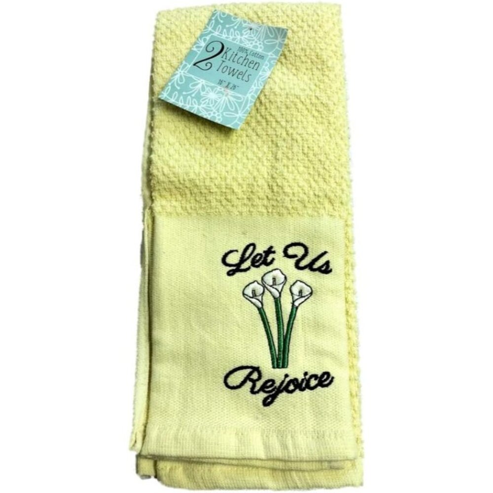 2-Pack Cotton Kitchen Towels With Embroidered Design & Textured Waffle Weave